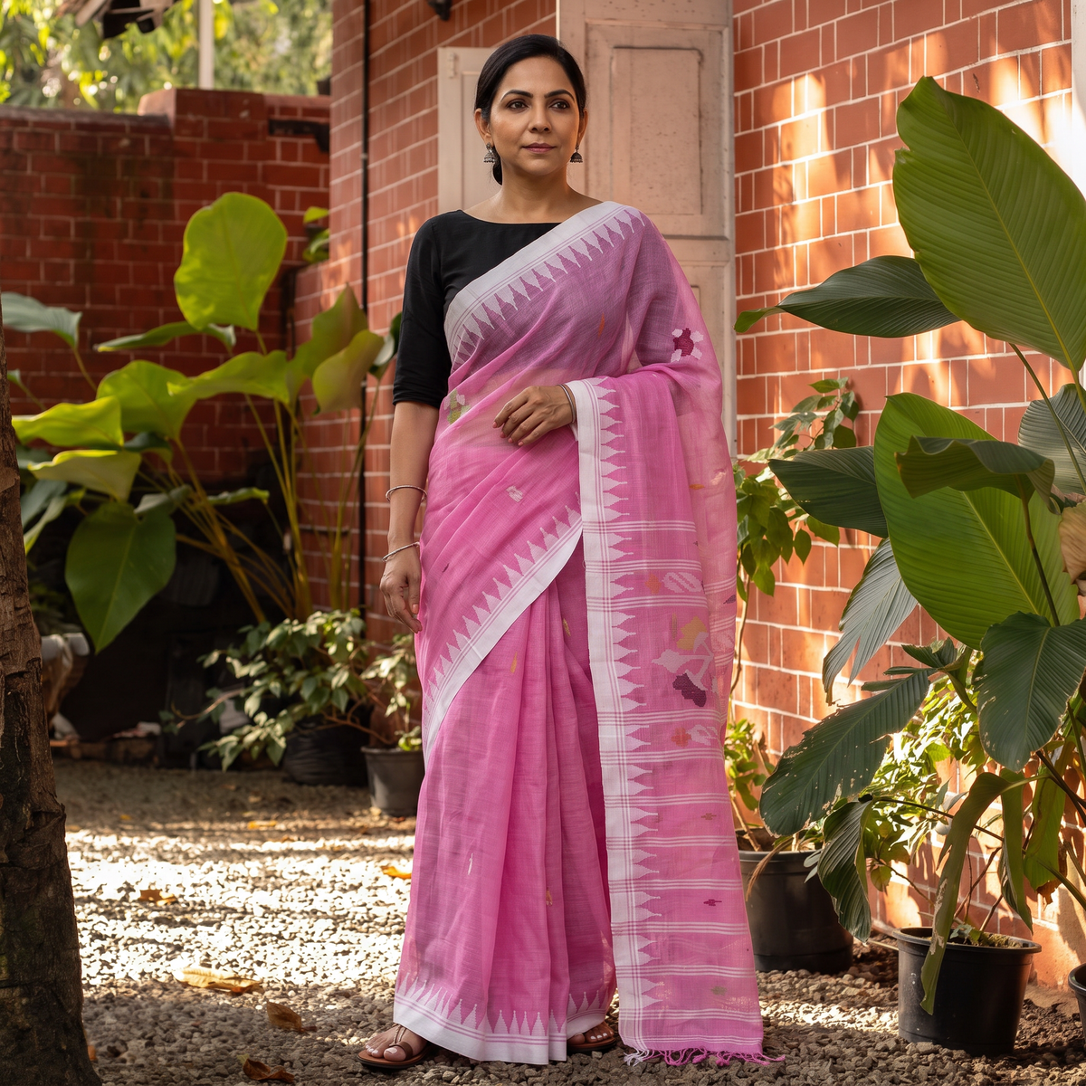 Pink Traditional Moirangphee Manipuri Pure Handloom Cotton Saree, draped and worn by a woman, AI visual of the saree, iTokri