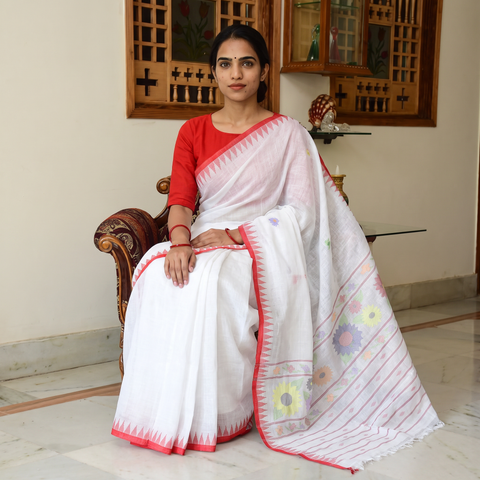 White Traditional Moirangphee Manipuri Pure Handloom Cotton Saree, draped and worn by a woman, AI visual of the saree, iTokri