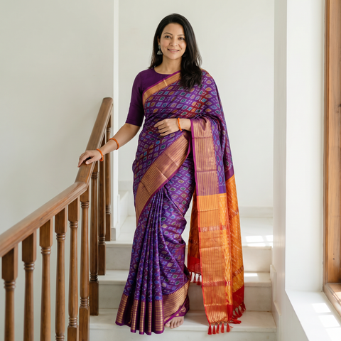 Purple Traditional Pochampally Ikat Handwoven Pure Silk Pattu Saree with Rudraksha Border, draped and worn by a woman, AI visual of the saree, iTokri