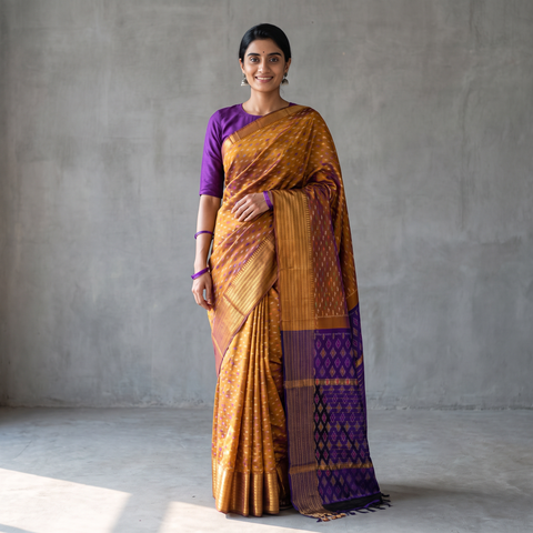 Orange Traditional Pochampally Ikat Handwoven Pure Silk Pattu Saree with Rudraksha Border, draped and worn by a woman, AI visual of the saree, iTokri