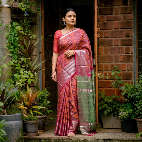 Pink Traditional Pochampally Ikat Handwoven Pure Silk Pattu Saree with Rudraksha Border, draped and worn by a woman, AI visual of the saree, iTokri