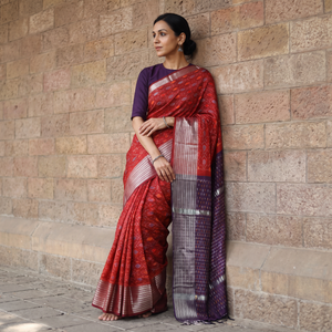 Red Traditional Pochampally Ikat Handwoven Pure Silk Pattu Saree with Rudraksha Border, draped and worn by a woman, AI visual of the saree, iTokri