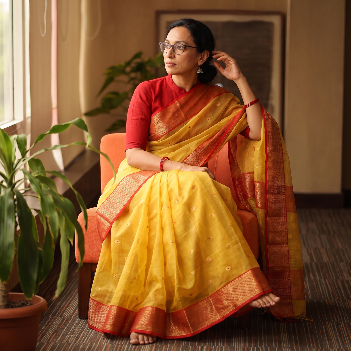 Yellow Traditional Tissue Zari Handloom Buti Katan Chanderi Silk Saree, draped and worn by a woman, AI visual of the saree, iTokri