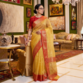 Yellow Traditional Tissue Zari Handloom Buti Katan Chanderi Silk Saree, draped and worn by a woman, AI visual of the saree, iTokri
