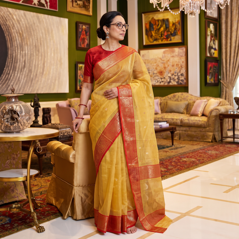 Yellow Traditional Tissue Zari Handloom Buti Katan Chanderi Silk Saree, draped and worn by a woman, AI visual of the saree, iTokri