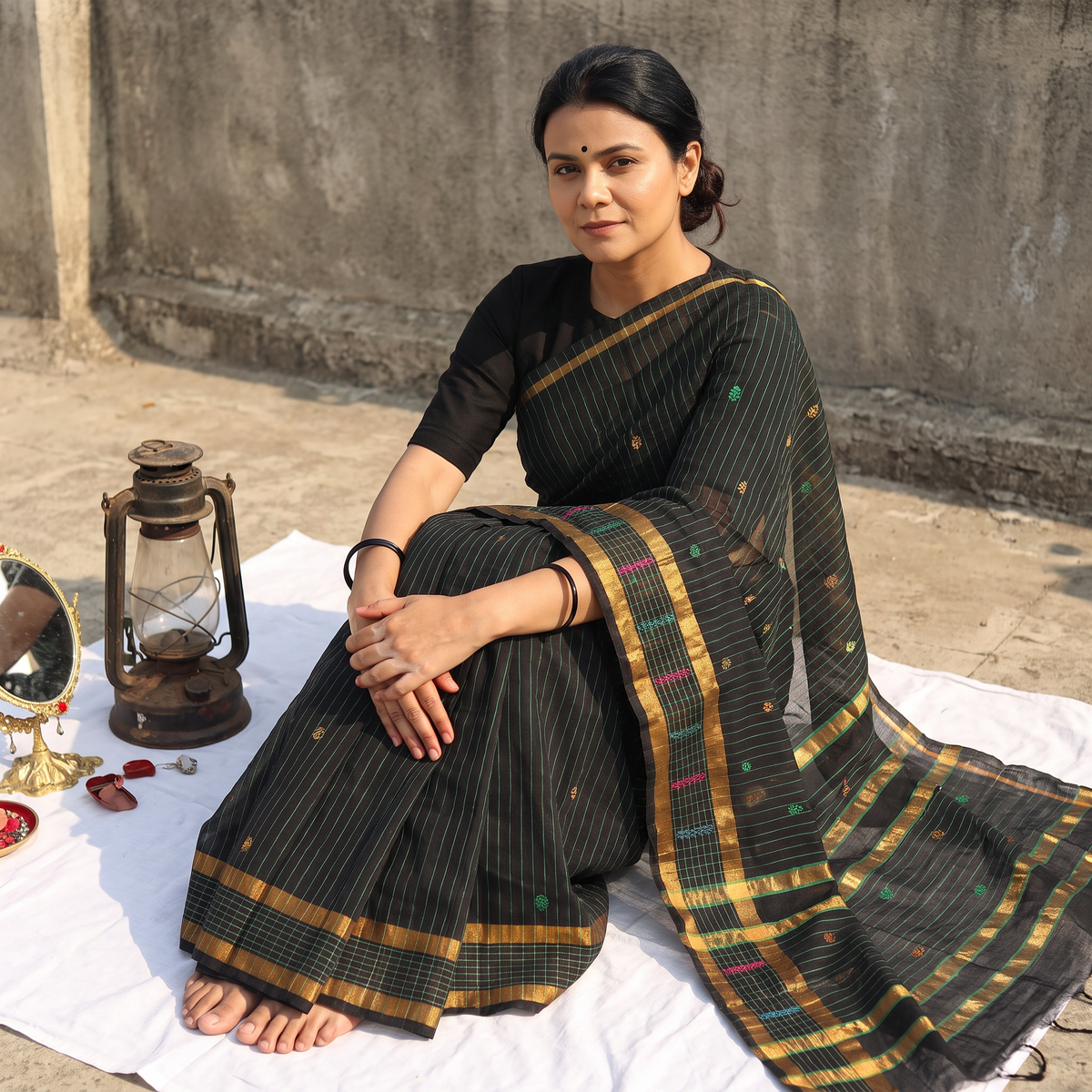 Green Traditional Venkatagiri Handloom Cotton Stripe Saree with Thread & Zari Buti, draped and worn by a woman, AI visual of the saree, iTokri