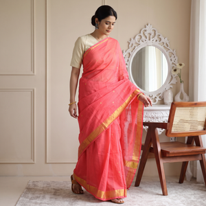 Pink Traditional Venkatagiri Handloom Cotton Thread & Zari Buti Saree, draped and worn by a woman, AI visual of the saree, iTokri
