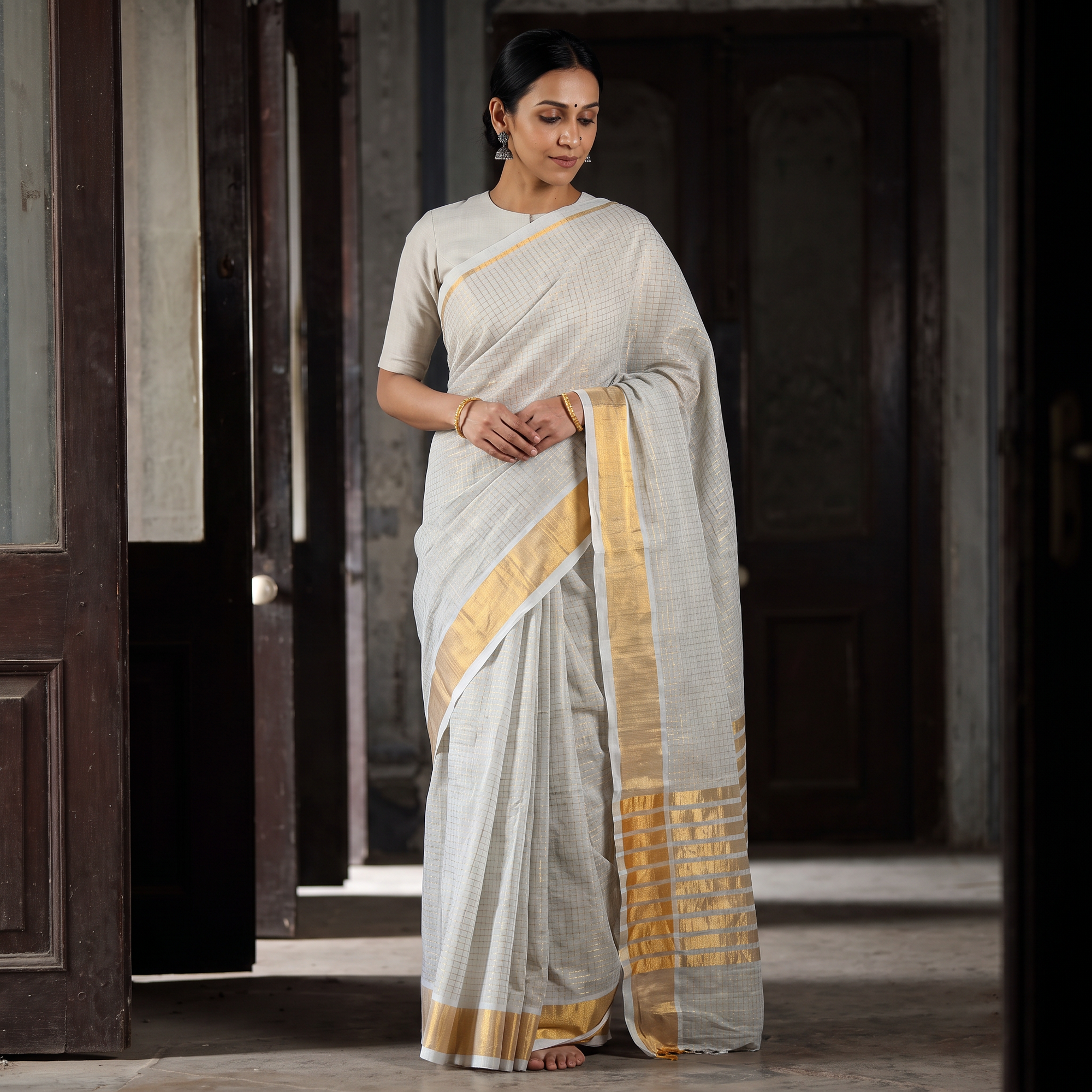 Grey Traditional Venkatagiri Handloom Cotton Zari Checks Saree with One Side Zari Border, draped and worn by a woman, AI visual of the saree, iTokri