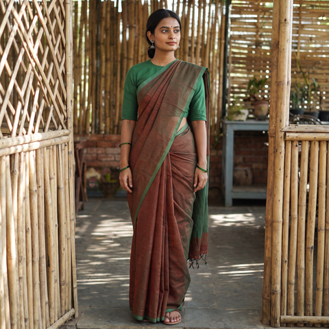 Brown Traditional Venkatagiri Handloom Cotton Zari Stripe Saree, draped and worn by a woman, AI visual of the saree, iTokri