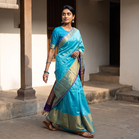Blue Traditional Venkatagiri Pure Handloom Silk Cotton Saree, draped and worn by a woman, AI visual of the saree, iTokri