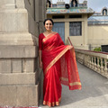 Red Traditional Zari Buti Handloom Chanderi Silk Saree, draped and worn by a woman, AI visual of the saree, iTokri