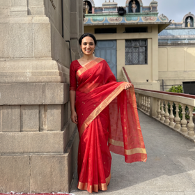 Red Traditional Zari Buti Handloom Chanderi Silk Saree, draped and worn by a woman, AI visual of the saree, iTokri