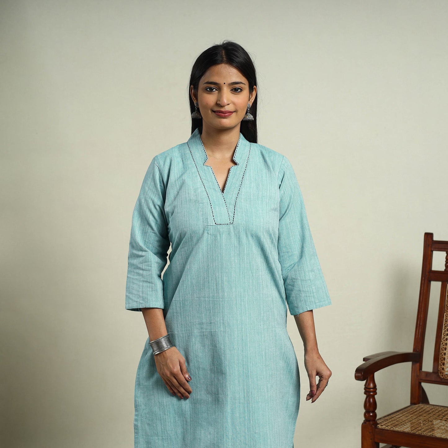 Turquoise Blue Jhiri Handloom Straight Cotton Kurta for Women