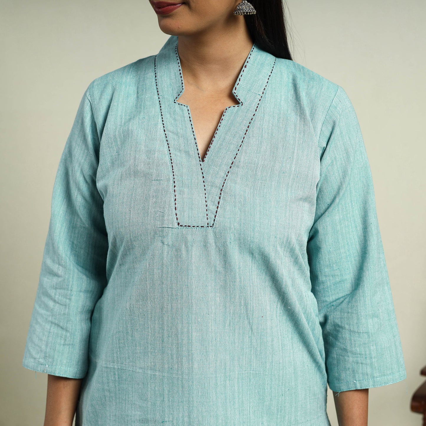 Turquoise Blue Jhiri Handloom Straight Cotton Kurta for Women