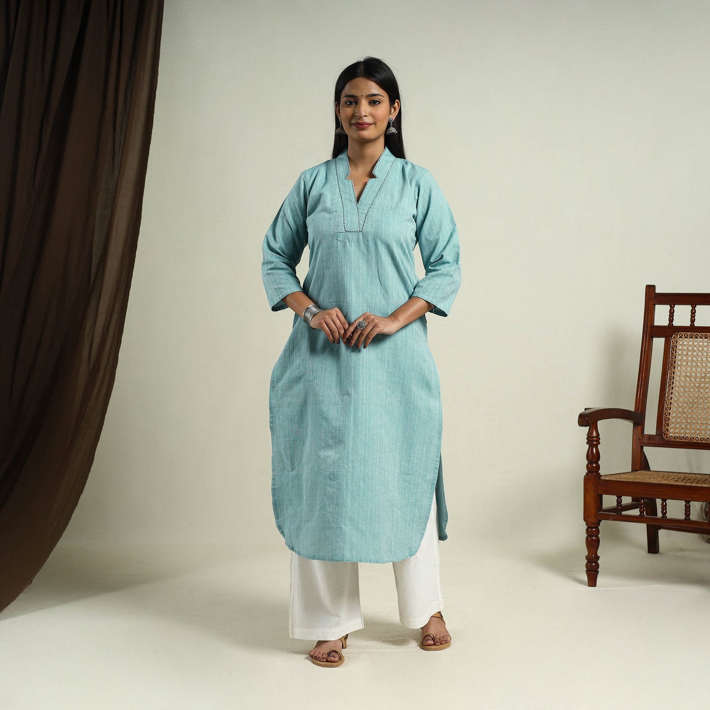 Turquoise Blue Jhiri Handloom Straight Cotton Kurta for Women