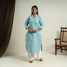 Turquoise Blue Jhiri Handloom Straight Cotton Kurta for Women