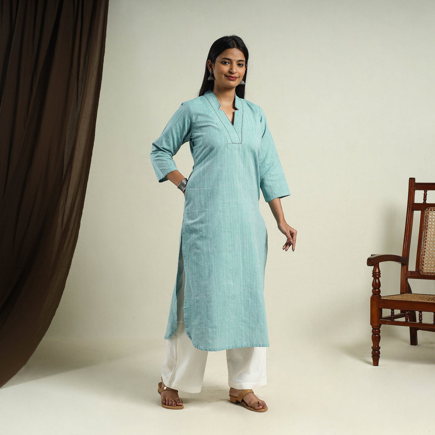 Turquoise Blue Jhiri Handloom Straight Cotton Kurta for Women