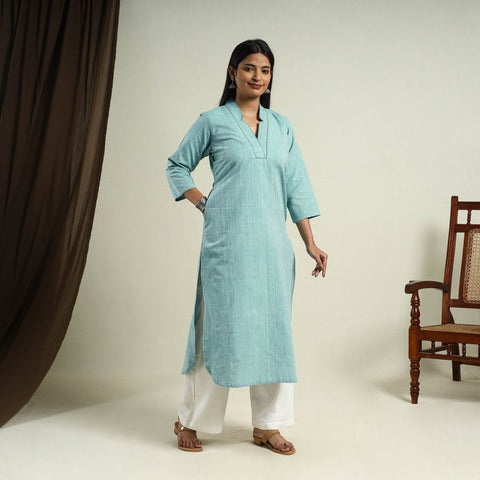 Turquoise Blue Jhiri Handloom Straight Cotton Kurta for Women