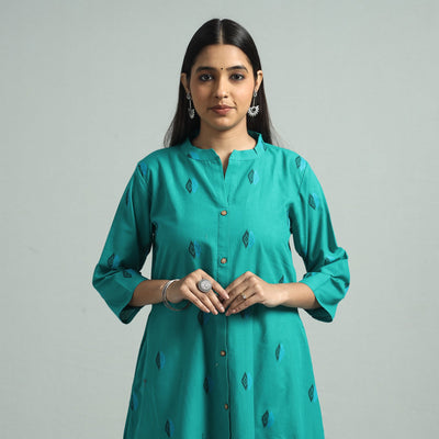 Turquoise Green  - Jacquard Weave Cotton A-Line Kurta