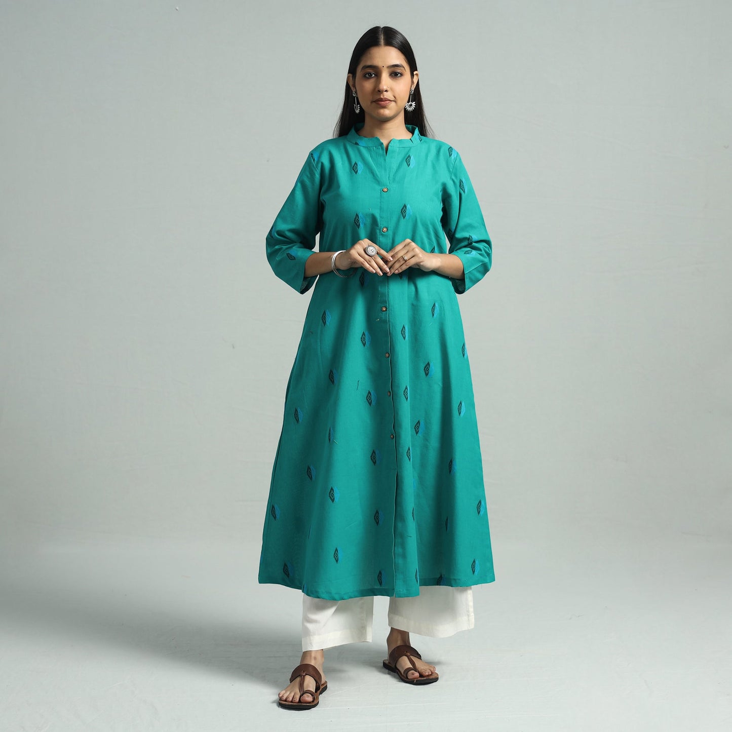Turquoise Green  - Jacquard Weave Cotton A-Line Kurta