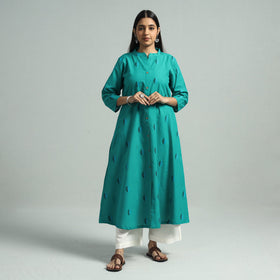 Turquoise Green  - Jacquard Weave Cotton A-Line Kurta