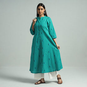 Turquoise Green  - Jacquard Weave Cotton A-Line Kurta