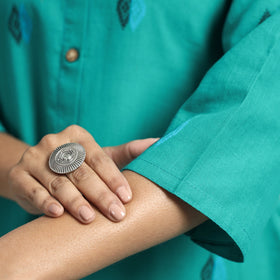 Turquoise Green  - Jacquard Weave Cotton A-Line Kurta