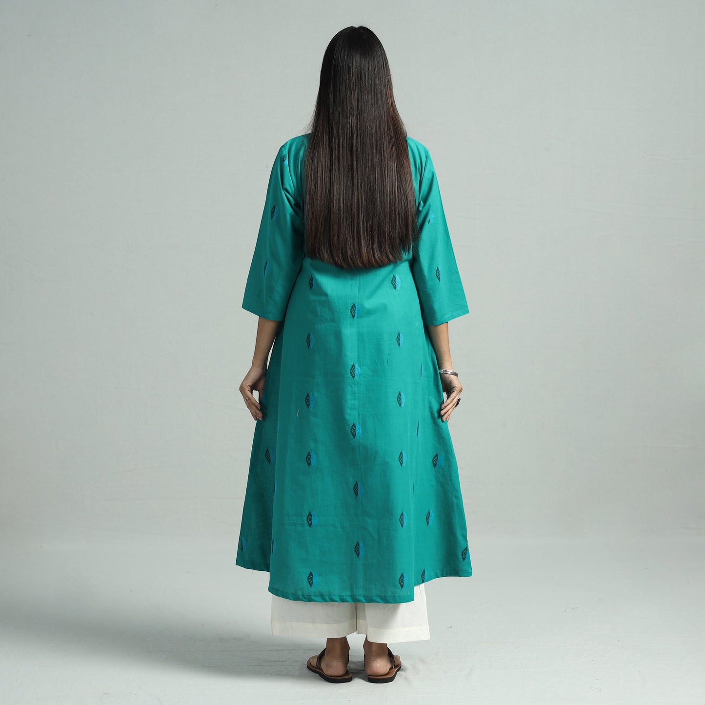 Turquoise Green  - Jacquard Weave Cotton A-Line Kurta