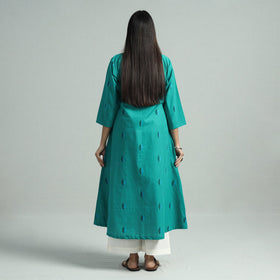 Turquoise Green  - Jacquard Weave Cotton A-Line Kurta