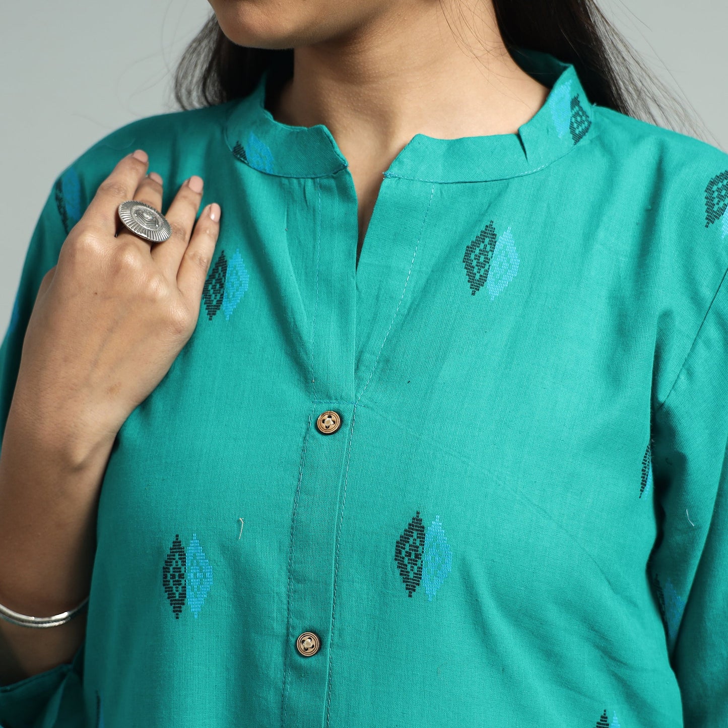 Turquoise Green  - Jacquard Weave Cotton A-Line Kurta