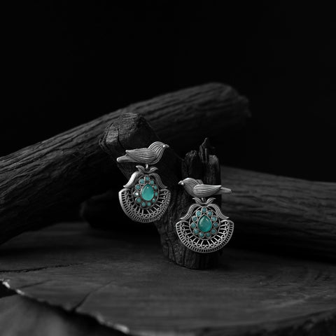 Turquoise green - saanjh bela bird motif oxidised earrings