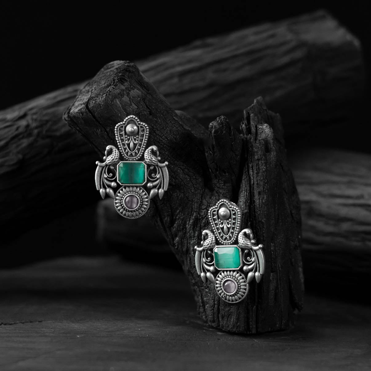 Turquoise green - saanjh bela peacock oxidised earrings