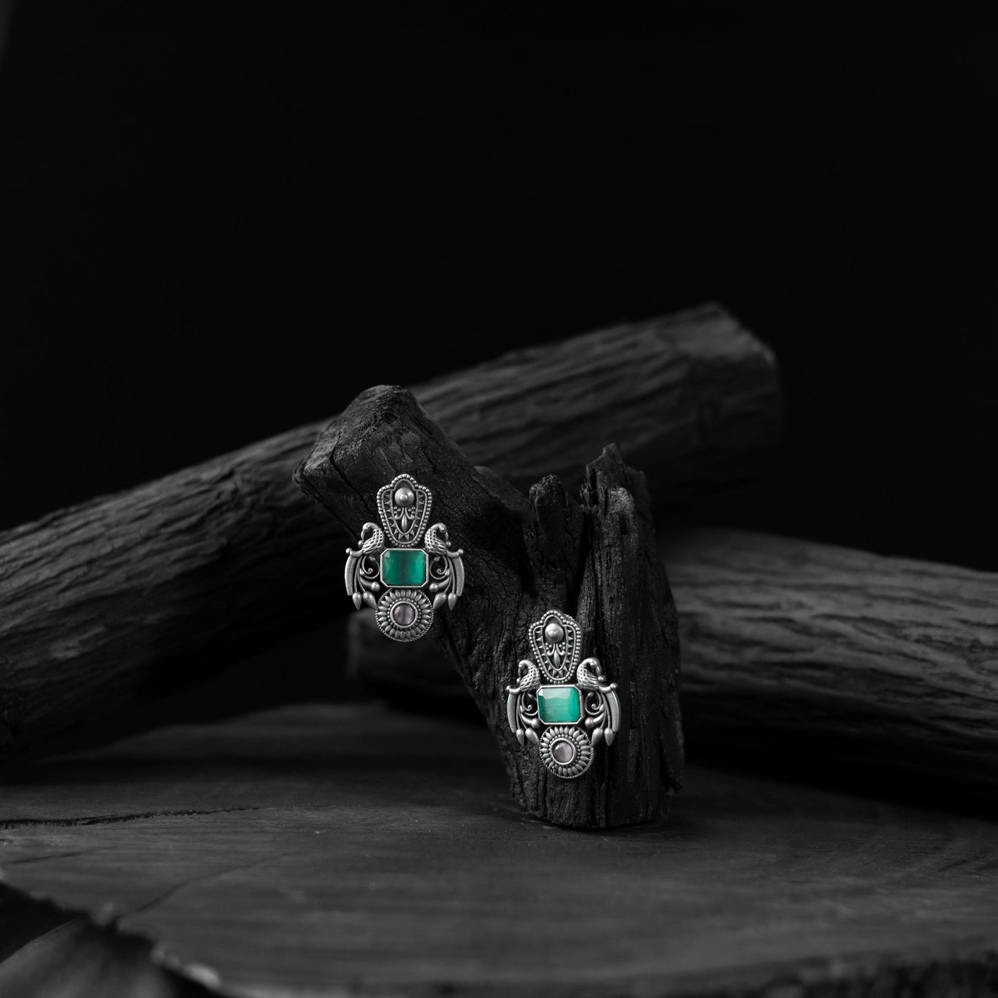 Turquoise green - saanjh bela peacock oxidised earrings