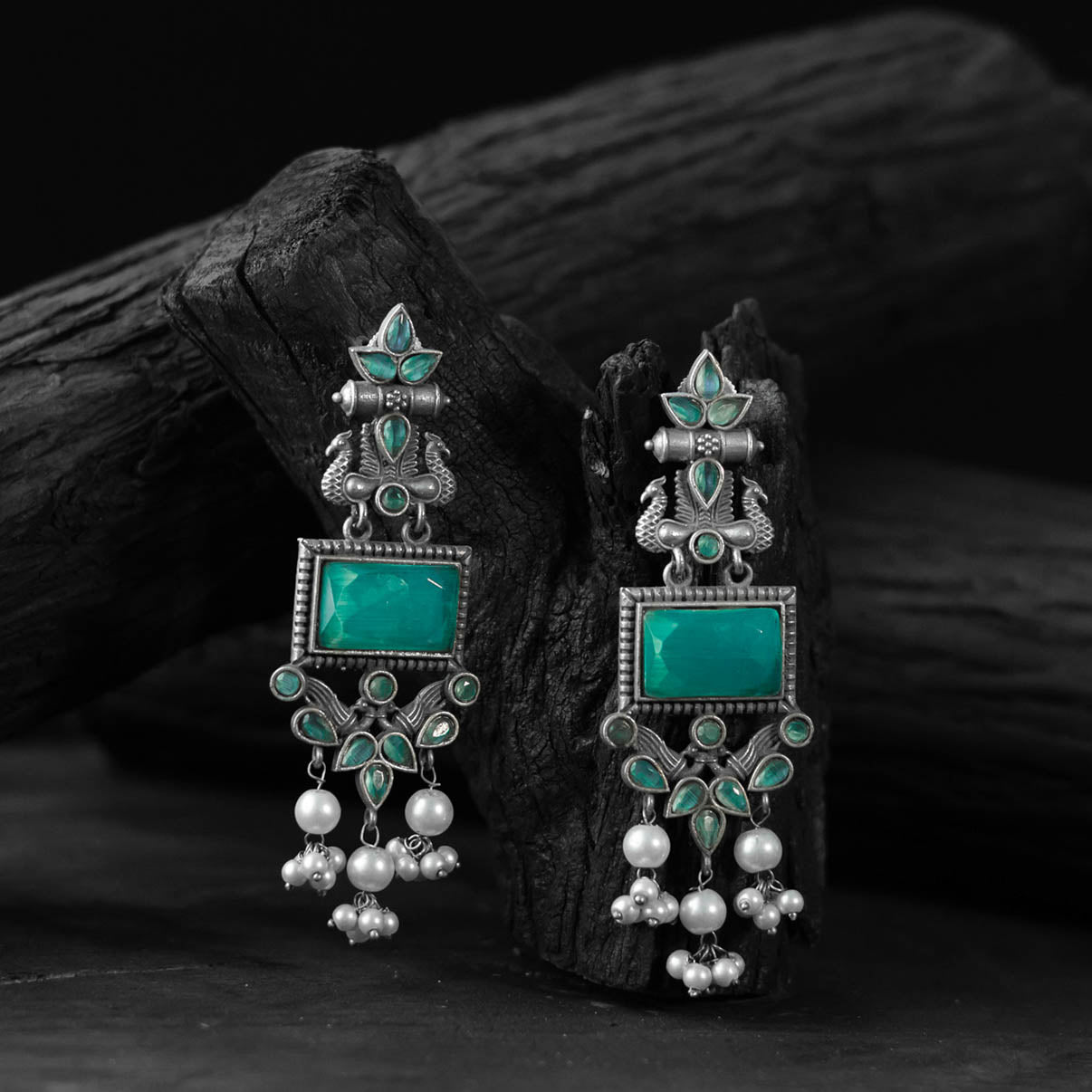 Turquoise green - saanjh bela seahorse oxidised earrings