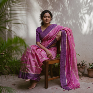 Purple Tussar Silk Pure Handloom Saree in Bengal Hand Block Prints, draped and worn by a woman, AI visual of the saree, iTokri