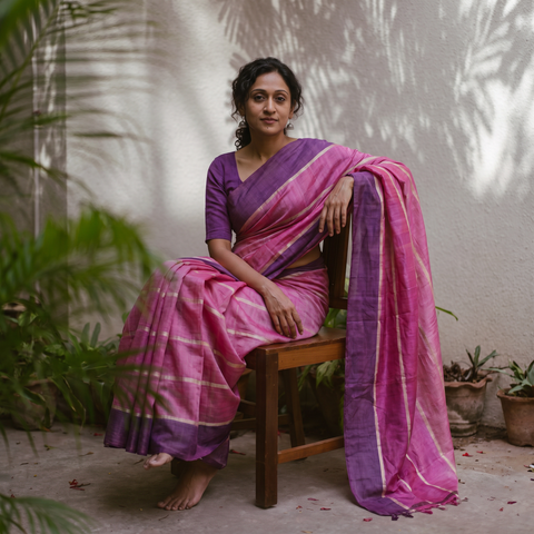 Purple Tussar Silk Pure Handloom Saree in Bengal Hand Block Prints, draped and worn by a woman, AI visual of the saree, iTokri