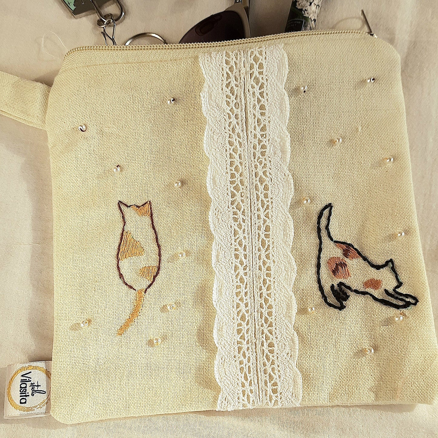 Two calicos hand embroidered utility pouch - handcrafted