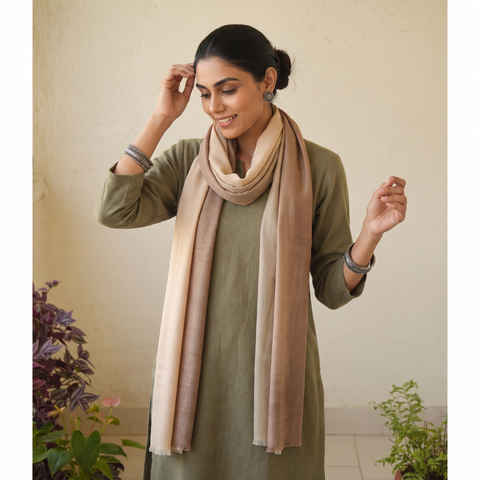 Brown Two Shaded Diamond Weave Fine Wool Stole, worn by a woman, AI visual of the stole, iTokri