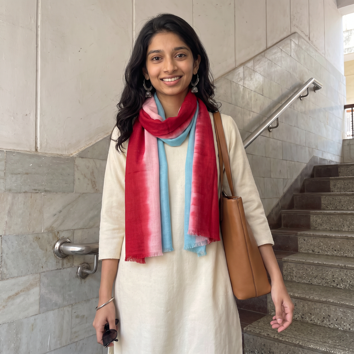 Multicolor Two Shaded Diamond Weave Fine Wool Stole, worn by a woman, AI visual of the stole, iTokri