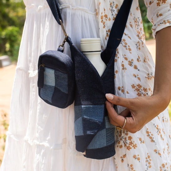 Upcycled Eco friendly Patched Bottle Holder With Coin Pouch