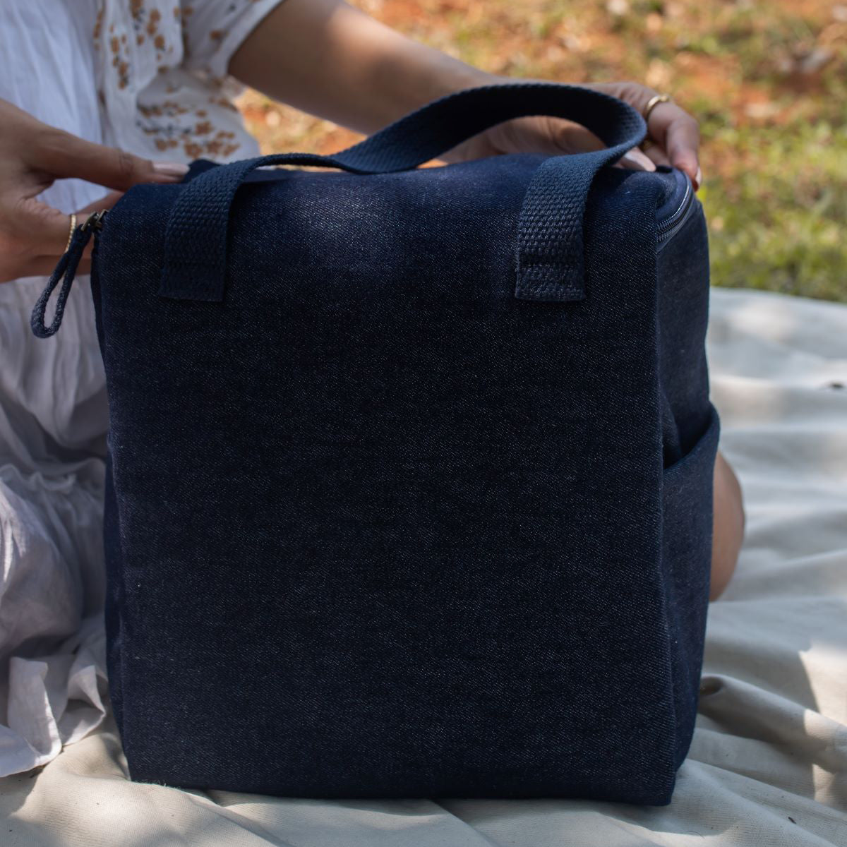 Upcycled Eco friendly Denim Jeans Lunch Bag (Large)