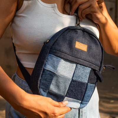 Blue - Upcycled Denim Jeans Patched Oval Fanny pack