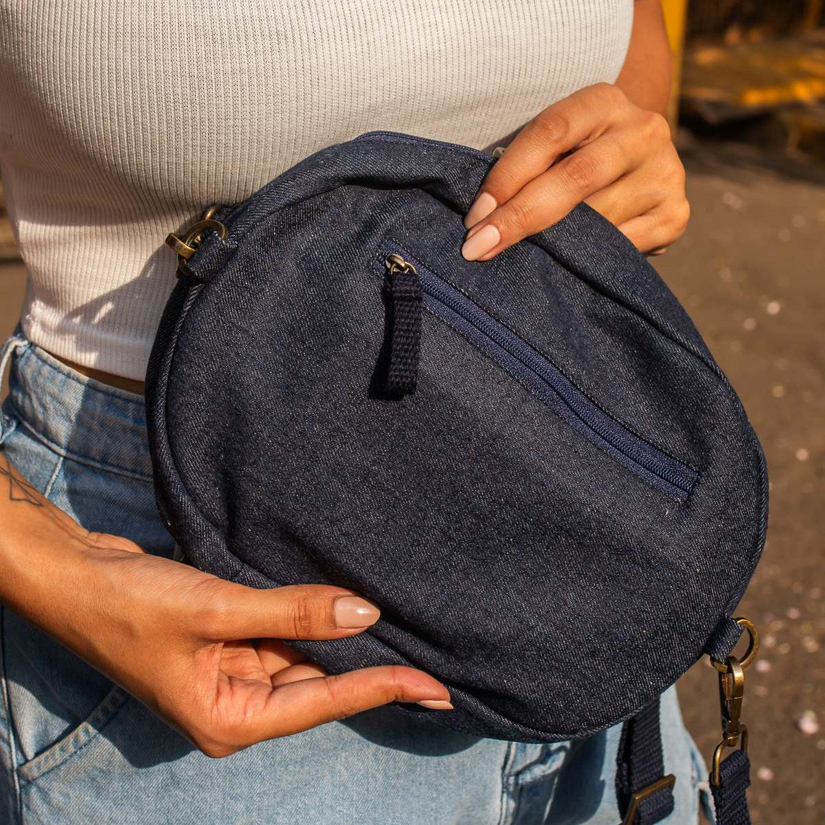 Blue - Upcycled Denim Jeans Patched Oval Fanny pack