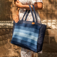 Blue - Repurposed Denim Jeans Shaded Laptop Tote