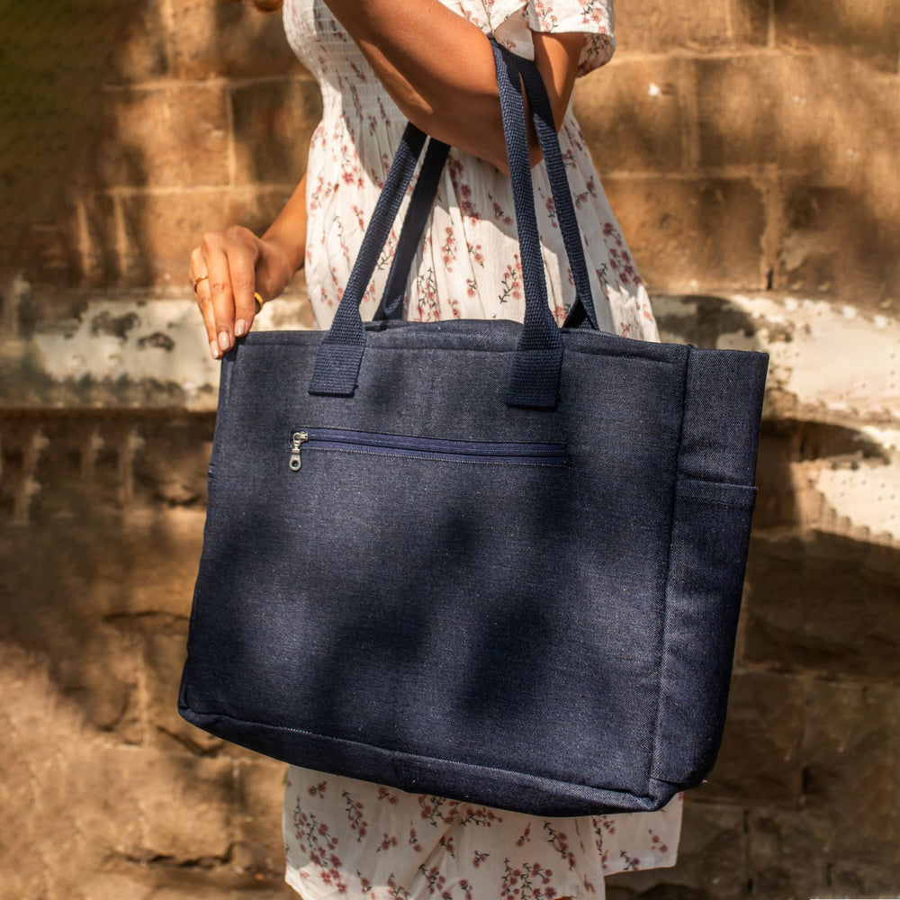 Blue - Repurposed Denim Jeans Shaded Laptop Tote