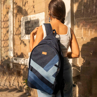 Upcycled Handcrafted Diagonal Striped Denim Travel Backpack