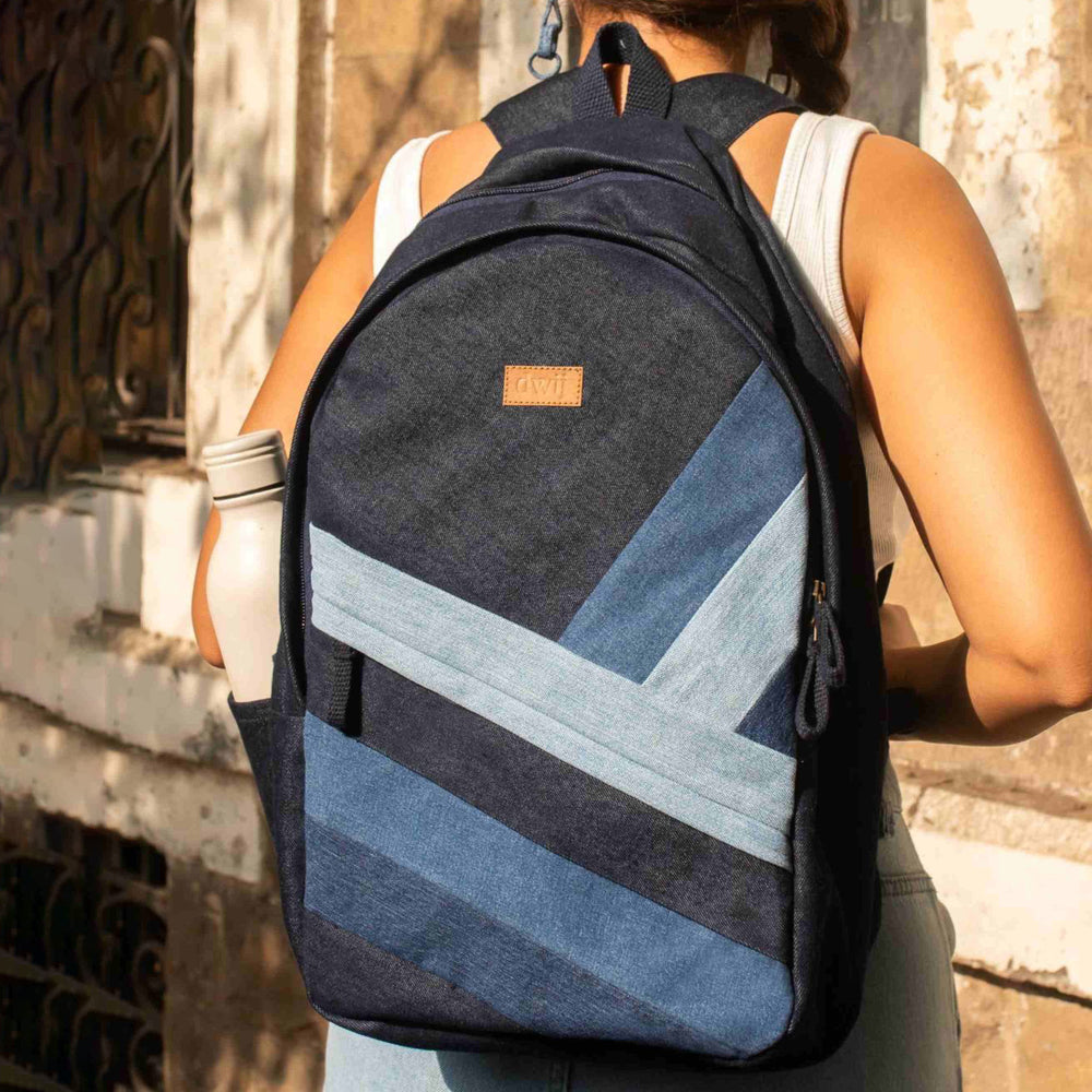 Upcycled Handcrafted Diagonal Striped Denim Travel Backpack