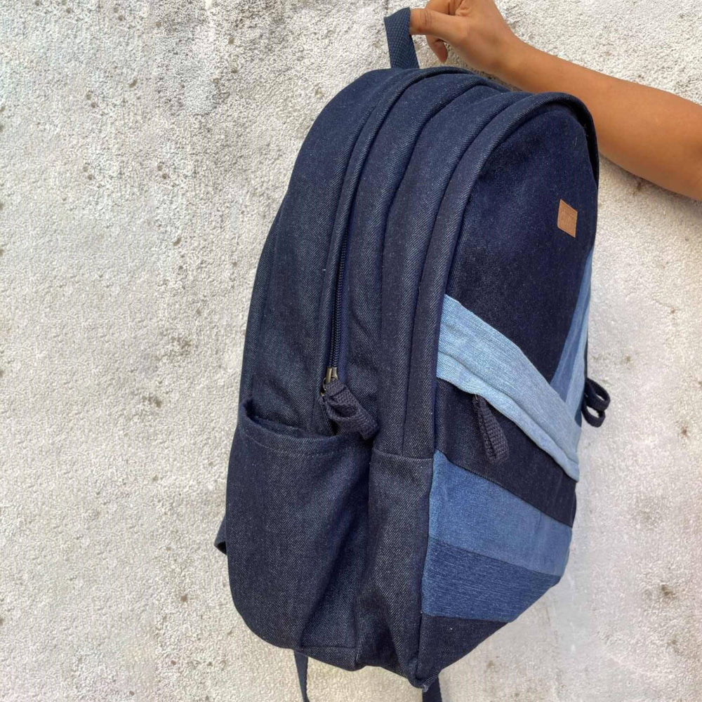 Upcycled Handcrafted Diagonal Striped Denim Travel Backpack