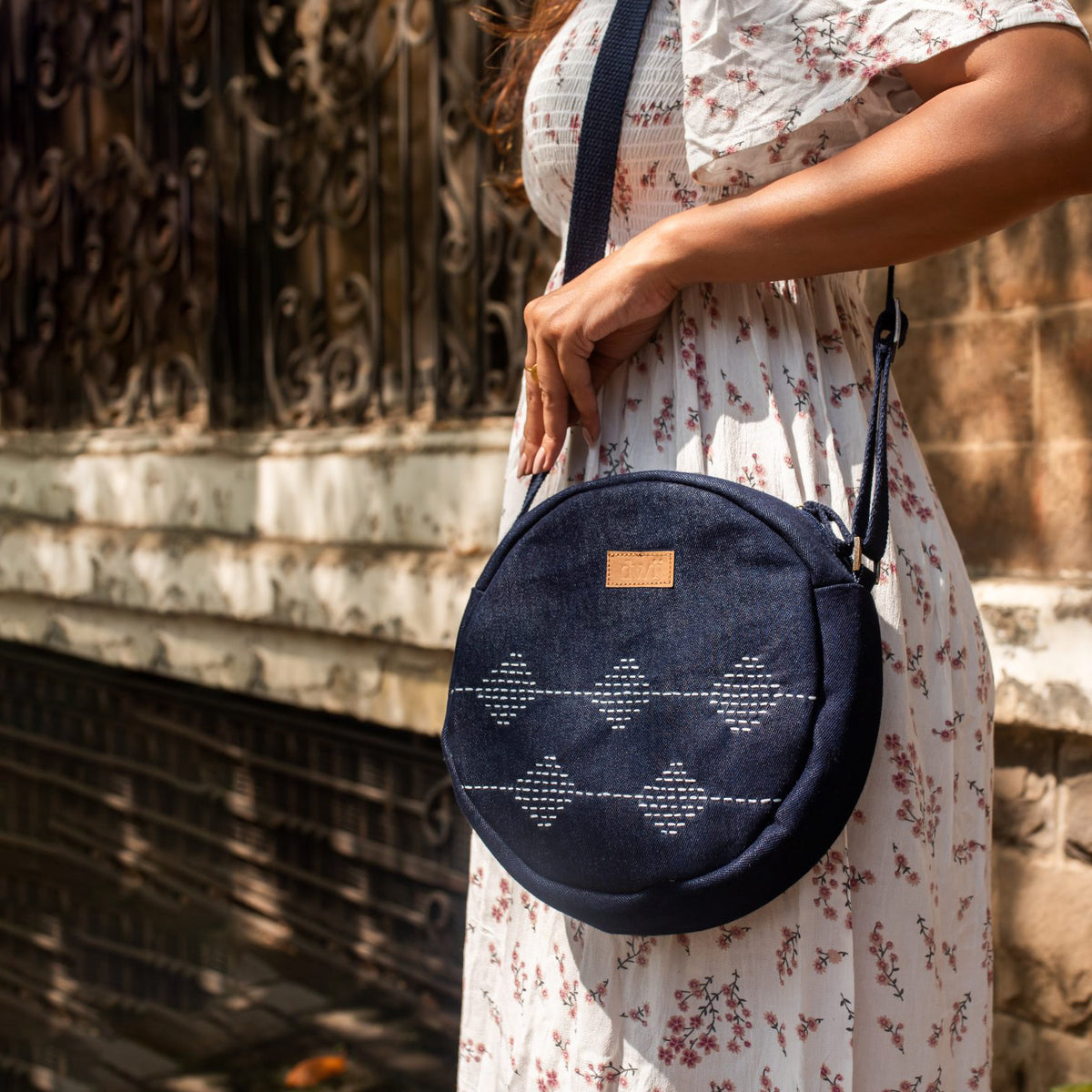 Blue - Repurposed Kantha Hand Embroidered Denim Circular Sling