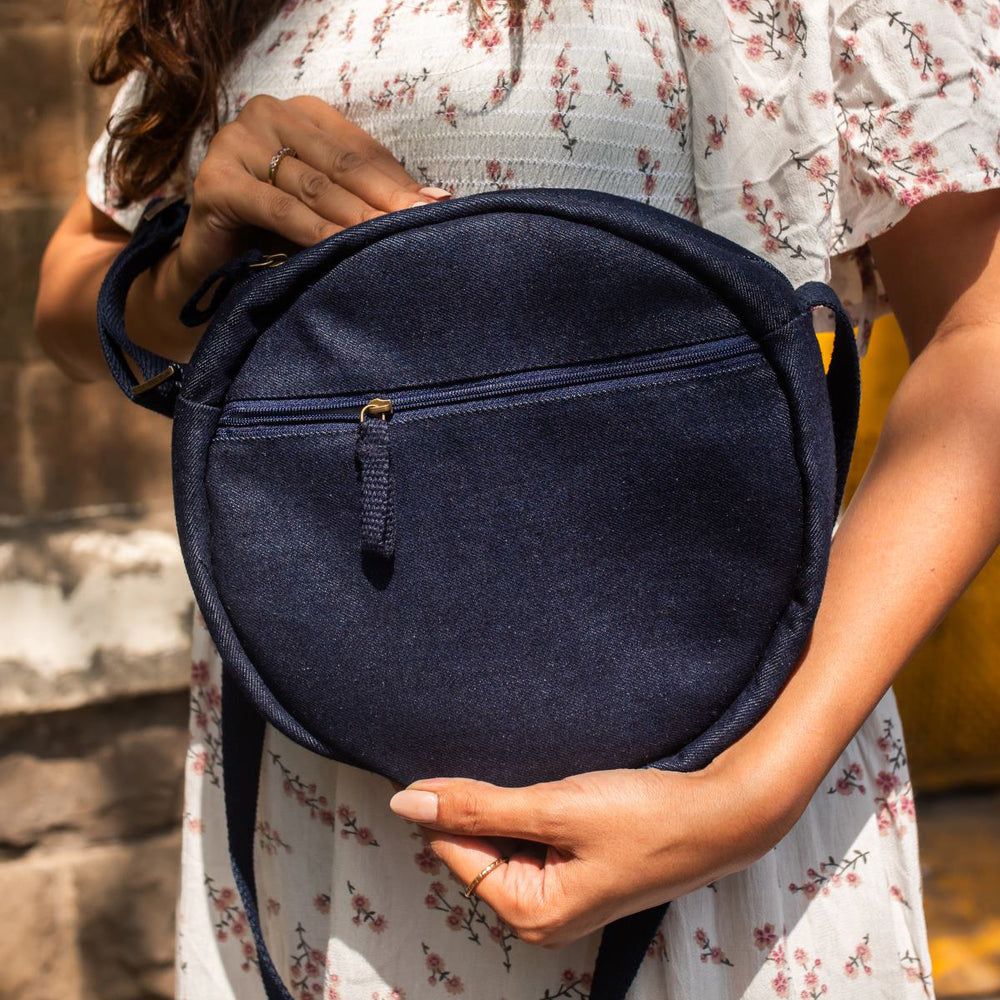 Blue - Repurposed Kantha Hand Embroidered Denim Circular Sling